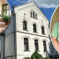 Mężczyzna przed zabytkowym budynkiem, który ma co najmniej 100 lat. Wnętrze z pianinem i roślinami.