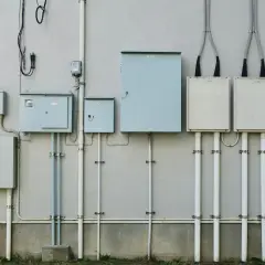 Szereg skrzynek elektrycznych i rur na ścianie budynku, przygotowanie do podłączenia prądu do działki bez domu.