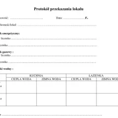 Protokół zdawczo odbiorczy mieszkania zawiera pola na dane lokalu, liczniki (energetyczny, gazowy, wodne) oraz klucze.