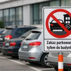 Znak zakazu parkowania tyłem do budynku. Samochody stoją zaparkowane w rzędzie.