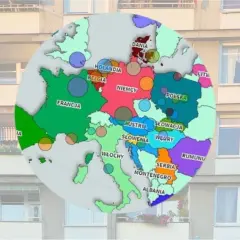 Mapa Europy z zaznaczoną Danią. Kolory i kropki sugerują dane, być może dotyczące tego, ile kosztuje mieszkanie w Kopenhadze.