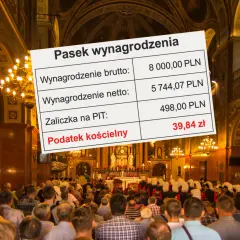 Pasek wynagrodzenia z kwotą 39,84 zł na "Podatek kościelny" na tle kościoła. Czy kościół płaci podatek?