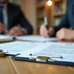 Dwóch mężczyzn w garniturach podpisuje dokumenty. Czy notariusz zgłasza zakup mieszkania do urzędu skarbowego? Na stole leżą monety.