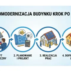 Schemat termomodernizacji: 1. Audyt energetyczny domu, 2. Planowanie, 3. Realizacja prac, 4. Dofinansowanie.
