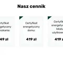 Nasz cennik: certyfikat energetyczny mieszkania 249 zł, domu 419 zł, lokalu użytkowego 419 zł. Sprawdź, ile kosztuje świadectwo energetyczne.
