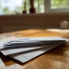 Stos kopert na drewnianym stole. Czas na rachunki, kiedy płaci się czynsz za mieszkanie.