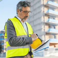 Mężczyzna w kamizelce odblaskowej i kasku trzyma notatnik i długopis na tle budowy.