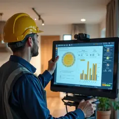 Specjalista w żółtym kasku analizuje dane na ekranie, szukając informacji, ile kosztuje audyt energetyczny domu jednorodzinnego.