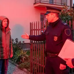 Strażnik miejski wyjaśnia mężczyźnie, kiedy straż miejska może wejść na posesję. Jeden z funkcjonariuszy trzyma teczkę.
