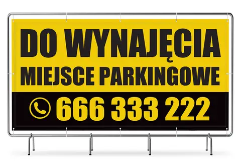 Baner informuje: "DO WYNAJĘCIA MIEJSCE PARKINGOWE". Zastanawiasz się, ile kosztuje wynajem miejsca postojowego w garażu podziemnym? Zadzwoń: 666 333 222.