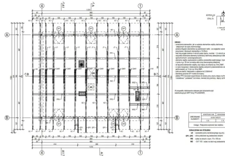 Plan dachu z oznaczeniami elementów i wymiarami, pomocny w tym, jak liczymy ilość kondygnacji.