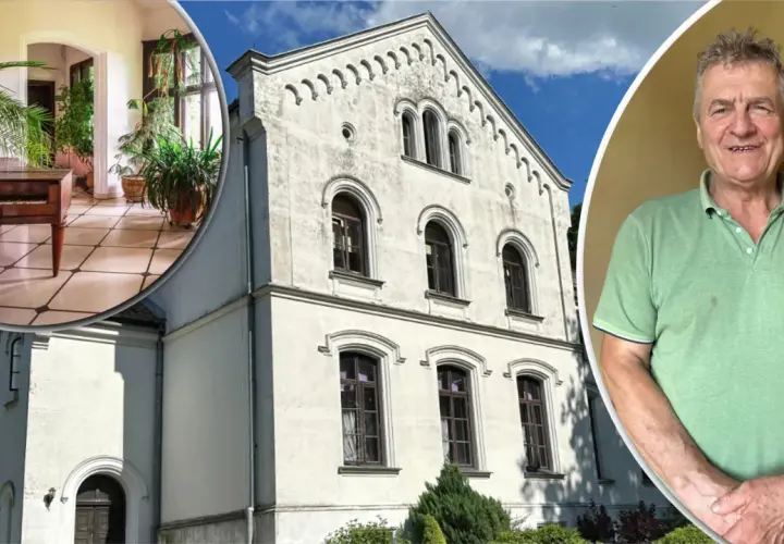 Mężczyzna przed zabytkowym budynkiem, który ma co najmniej 100 lat. Wnętrze z pianinem i roślinami.