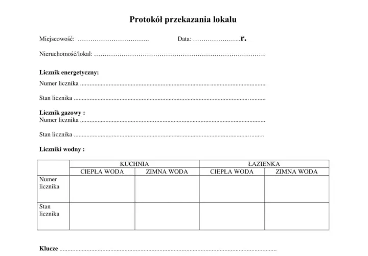 Protokół zdawczo odbiorczy mieszkania zawiera pola na dane lokalu, liczniki (energetyczny, gazowy, wodne) oraz klucze.
