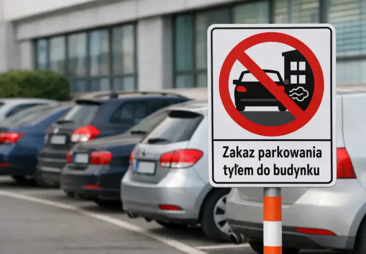Znak zakazu parkowania tyłem do budynku. Samochody stoją zaparkowane w rzędzie.