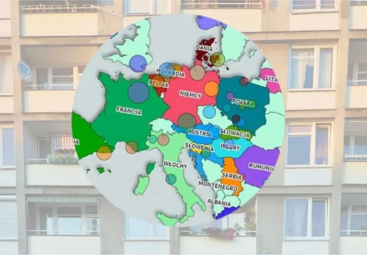 Mapa Europy z zaznaczoną Danią. Kolory i kropki sugerują dane, być może dotyczące tego, ile kosztuje mieszkanie w Kopenhadze.