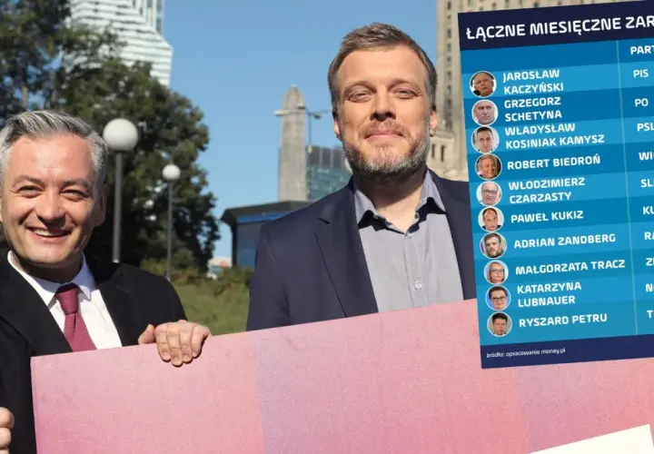 Dwóch polityków prezentuje tabelę z zarobkami liderów partii. Sprawdź, ile zarabia członek partii.