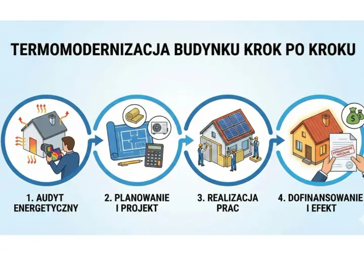 Schemat termomodernizacji: 1. Audyt energetyczny domu, 2. Planowanie, 3. Realizacja prac, 4. Dofinansowanie.