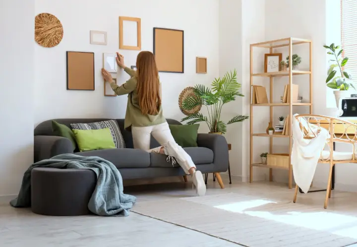 Kobieta wiesza ramki na ścianie, przygotowując mieszkanie do wynajmu. Potrzebne do wynajmu mieszkania: sofa, dekoracje, meble.