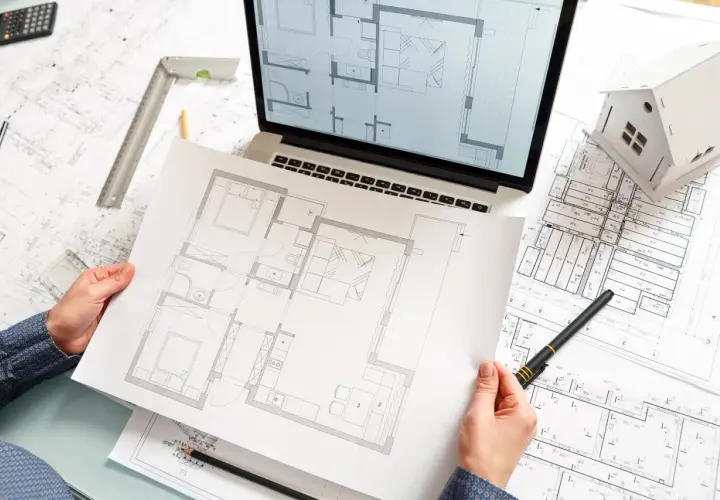 Ręce trzymające plan mieszkania, obok laptop z projektem, makieta domu i dokumentacja techniczna.