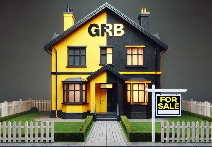 Dwukolorowy dom z napisem GRB i tabliczką "FOR SALE" – idealny do nauki, jak sprzedać udziały w nieruchomości.