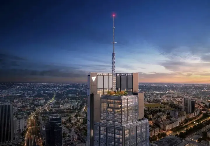 Wieżowiec Varso Tower z iglicą i ogrodem na dachu, górujący nad miastem. Ile pięter ma Varso Tower? To pytanie zadaje sobie wielu.