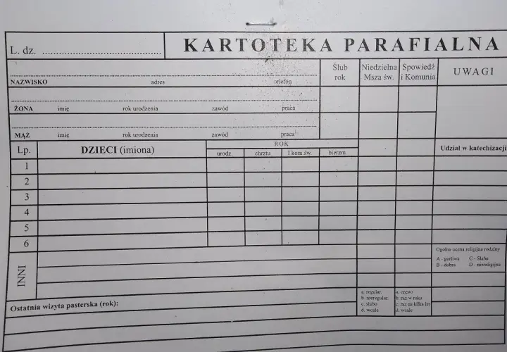 Formularz "Kartoteka Parafialna" do wpisywania danych o rodzinie: nazwisko, adres, dane małżonków, dzieci, ich chrzty, komunia, bierzmowanie.