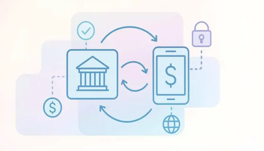 Ilustracja przedstawia cykl płatności: bank, telefon z symbolem dolara, globus i kłódka. To wyjaśnia, co to znaczy płatność z góry.