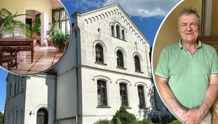 Mężczyzna przed zabytkowym budynkiem, który ma co najmniej 100 lat. Wnętrze z pianinem i roślinami.