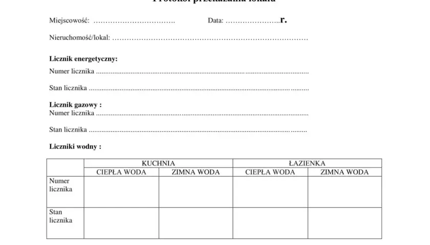 Protokół zdawczo odbiorczy mieszkania zawiera pola na dane lokalu, liczniki (energetyczny, gazowy, wodne) oraz klucze.