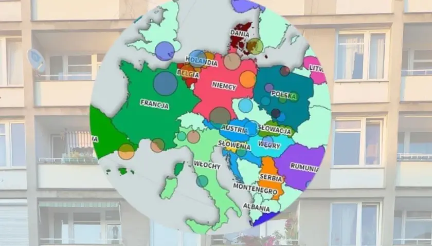 Mapa Europy z zaznaczoną Danią. Kolory i kropki sugerują dane, być może dotyczące tego, ile kosztuje mieszkanie w Kopenhadze.