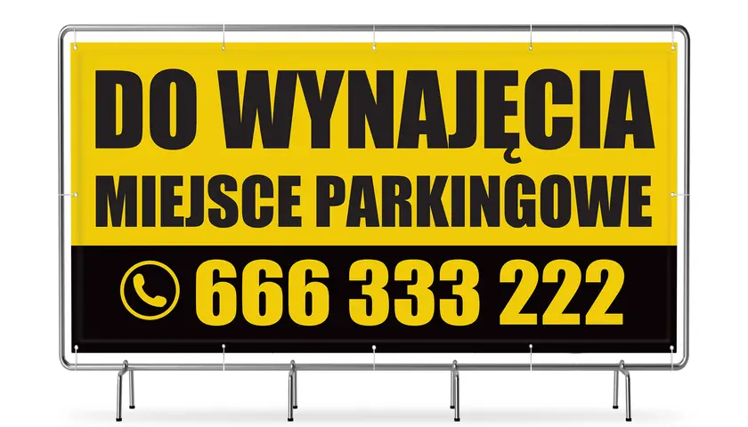 Baner informuje: "DO WYNAJĘCIA MIEJSCE PARKINGOWE". Zastanawiasz się, ile kosztuje wynajem miejsca postojowego w garażu podziemnym? Zadzwoń: 666 333 222.