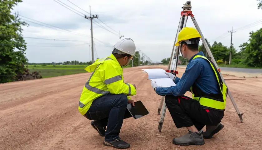 Dwóch geodetów w kamizelkach odblaskowych i kaskach analizuje plany na budowie. Zastanawiają się, ile bierze geodeta za wytyczenie działki.