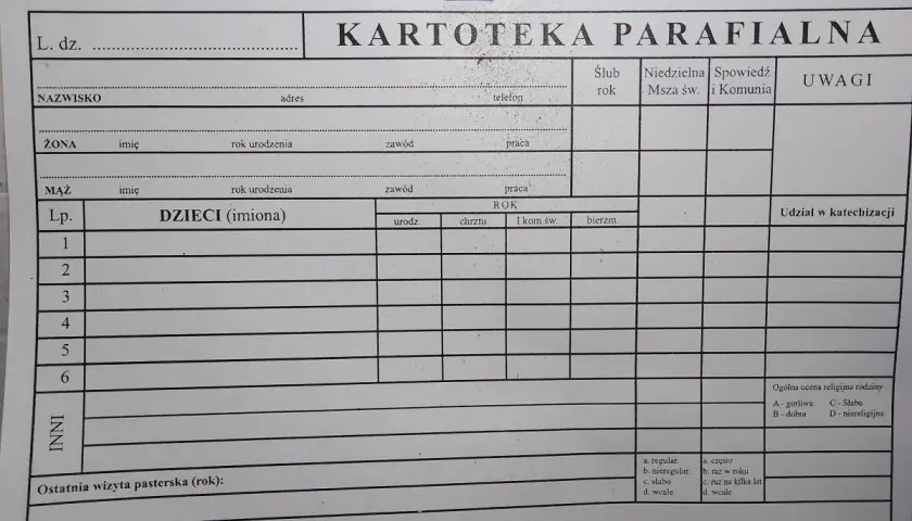 Formularz "Kartoteka Parafialna" do wpisywania danych o rodzinie: nazwisko, adres, dane małżonków, dzieci, ich chrzty, komunia, bierzmowanie.