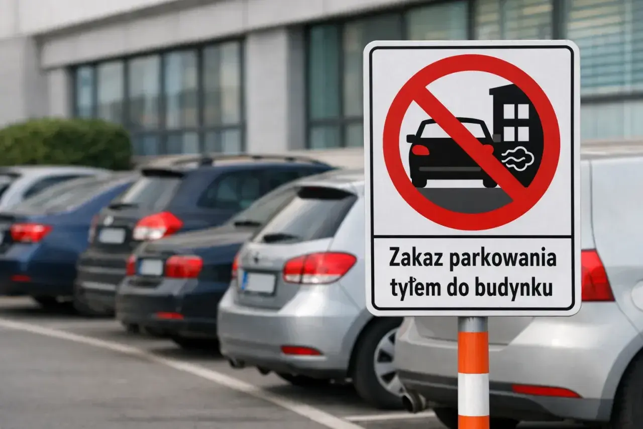 Znak zakazu parkowania tyłem do budynku. Samochody stoją zaparkowane w rzędzie.