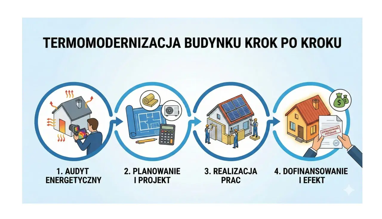 Schemat termomodernizacji: 1. Audyt energetyczny domu, 2. Planowanie, 3. Realizacja prac, 4. Dofinansowanie.