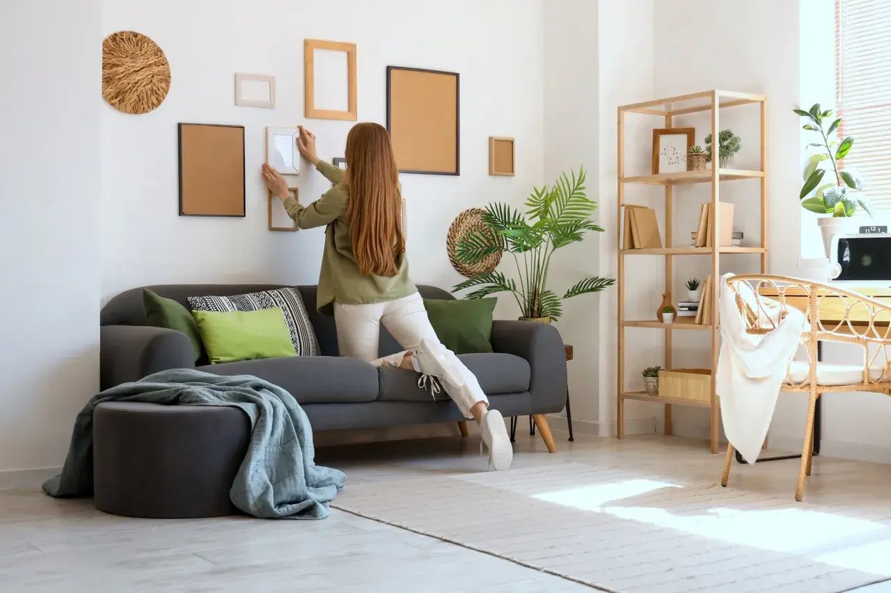 Kobieta wiesza ramki na ścianie, przygotowując mieszkanie do wynajmu. Potrzebne do wynajmu mieszkania: sofa, dekoracje, meble.