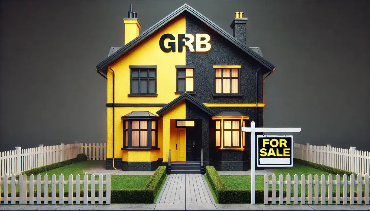 Dwukolorowy dom z napisem GRB i tabliczką "FOR SALE" – idealny do nauki, jak sprzedać udziały w nieruchomości.