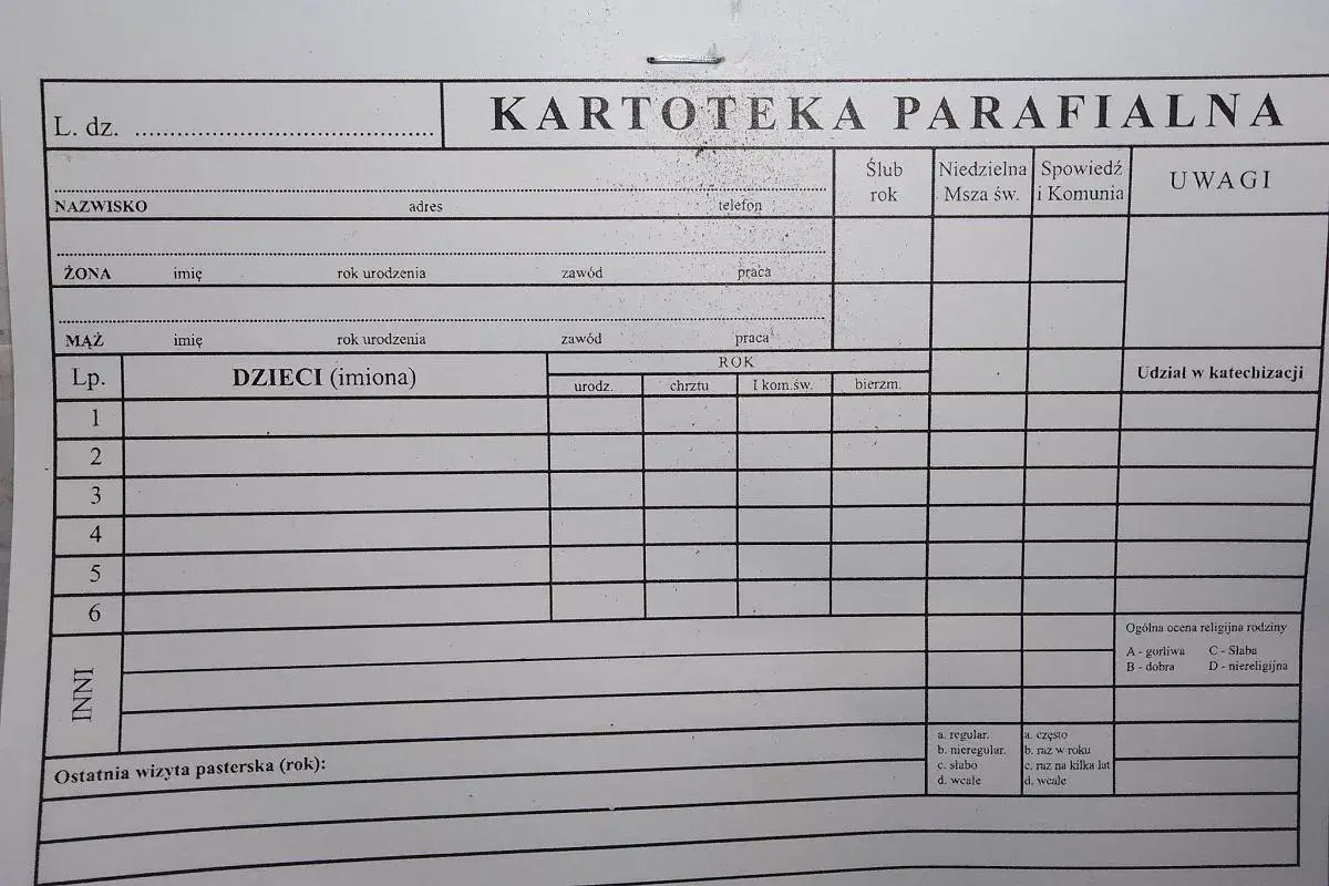 Formularz "Kartoteka Parafialna" do wpisywania danych o rodzinie: nazwisko, adres, dane małżonków, dzieci, ich chrzty, komunia, bierzmowanie.