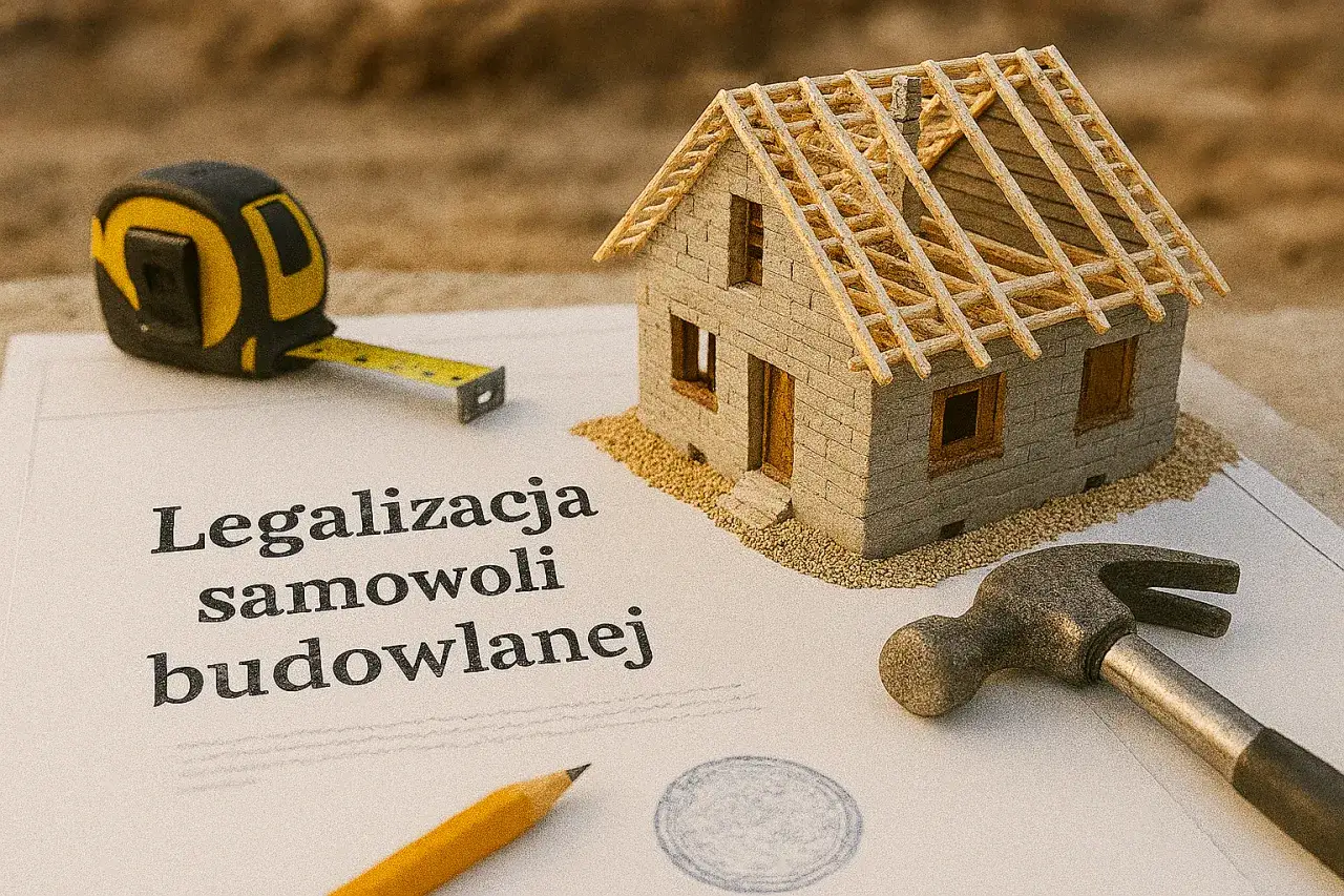 Model domu, miarka, młotek i ołówek na dokumencie 