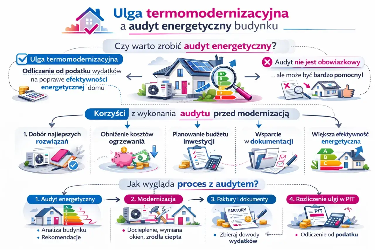 Dowiedz się, jak zrobić audyt energetyczny budynku. Poznaj korzyści, proces i rozliczenie ulgi termomodernizacyjnej.