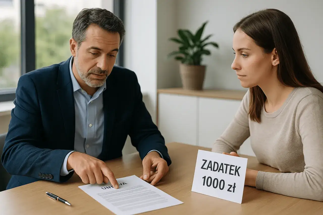 Mężczyzna wskazuje na umowę, obok leży kartka 