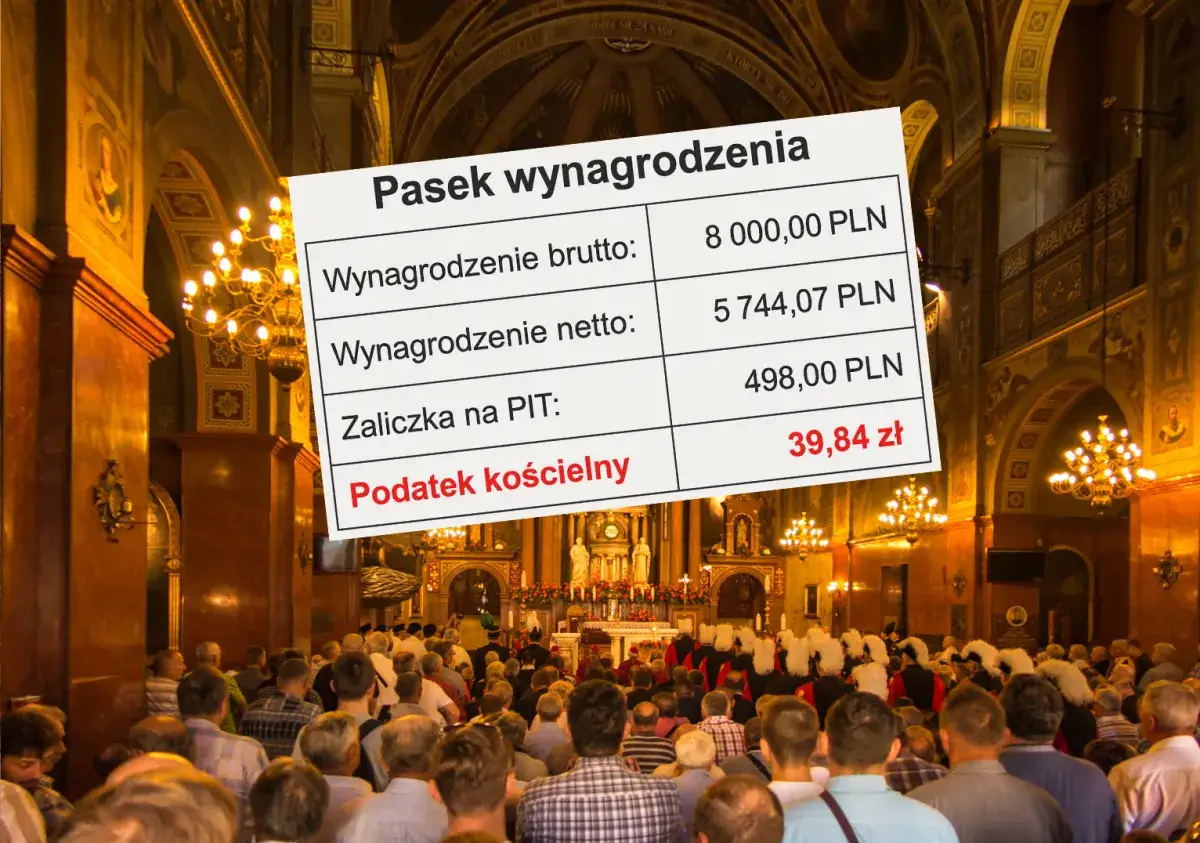 Pasek wynagrodzenia z kwotą podatku kościelnego 39,84 zł na tle wnętrza kościoła z wiernymi. Czy kościół płaci podatek?