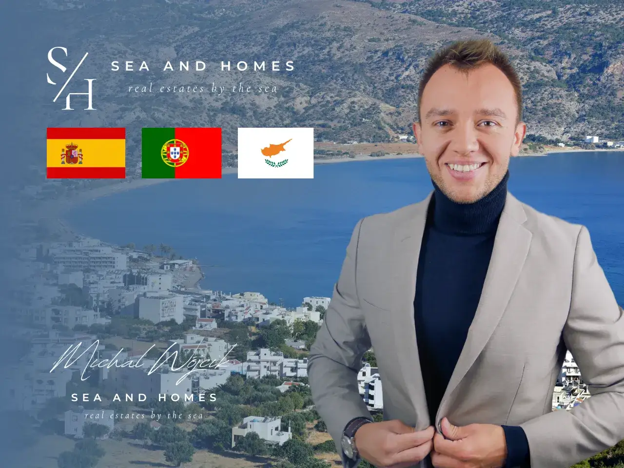 Michał Wojcik z Sea and Homes doradza, ile kosztuje mieszkanie na Cyprze. Flagi Hiszpanii, Portugalii i Cypru.
