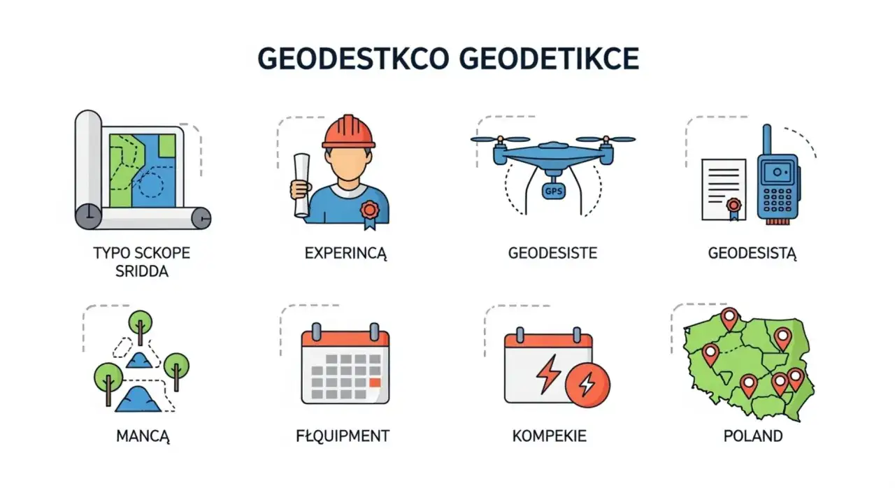 Ile kosztuje geodeta przy budowie domu? Ikony przedstawiają mapy, geodetę, drona, sprzęt i lokalizacje w Polsce.