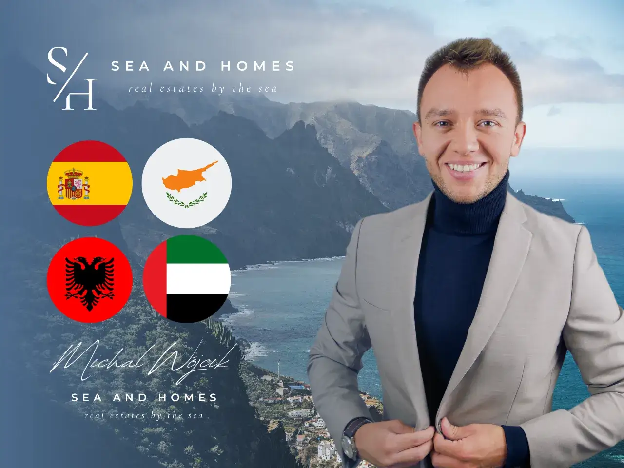 Michał Wójcik z Sea and Homes pomoże Ci dowiedzieć się, ile kosztuje mieszkanie na Cyprze. Flagi Hiszpanii, Albanii, ZEA i Cypru.