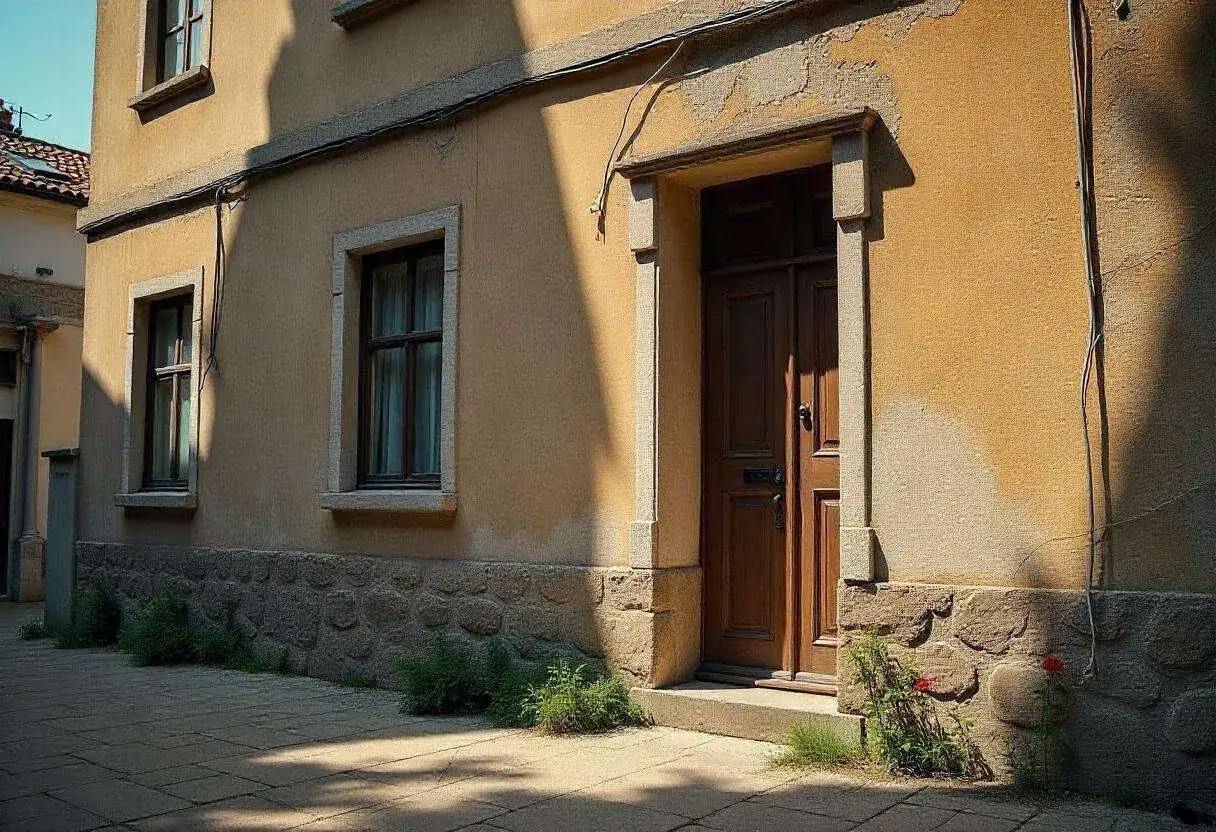 Stara kamienica z drewnianymi drzwiami i oknami. Chcesz wiedzieć, jak sprawdzić rok budowy kamienicy? Spójrz na detale architektoniczne.