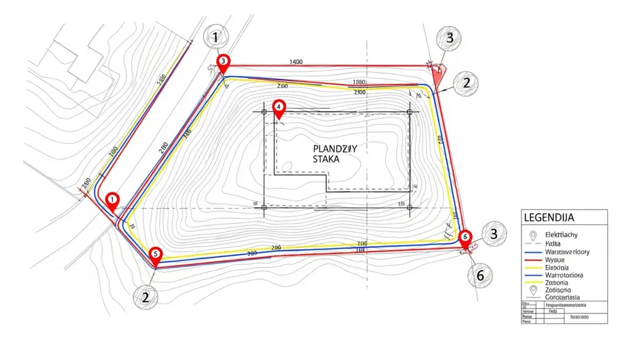 Plan sytuacyjny z zaznaczonymi punktami i liniami, pokazujący teren budowy. Określa, ile kosztuje geodeta przy budowie domu.