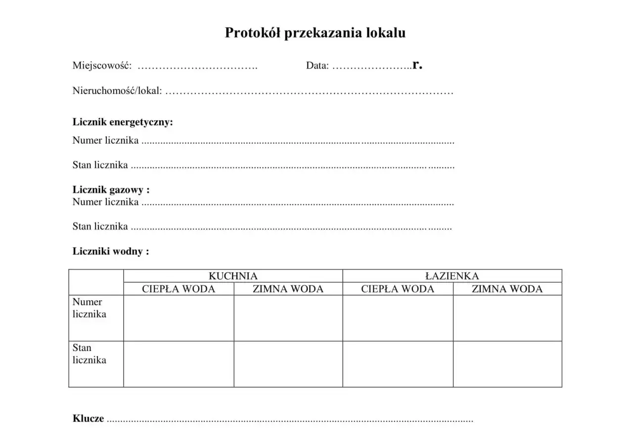Formularz protokół zdawczo odbiorczy mieszkania. Zawiera pola na dane lokalu, liczniki (energetyczny, gazowy, wodne) oraz klucze.