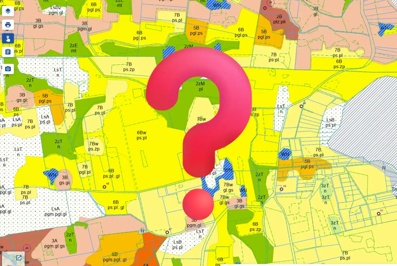 Mapa ewidencyjna z pytajnikiem. Zastanawiasz się, ile bierze geodeta za wytyczenie działki?