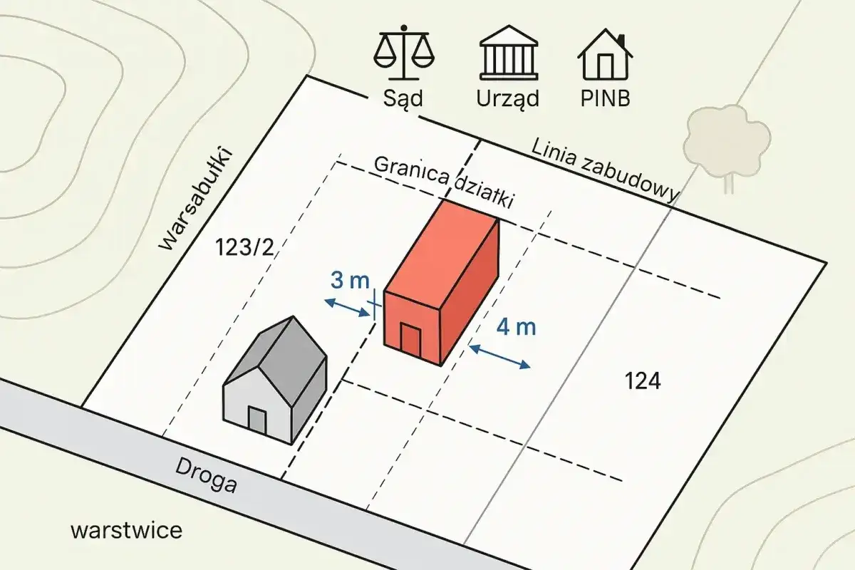 Schemat działki z budynkami i wymiarami, pokazujący jak zalegalizować budynek, uwzględniając odległości od granic i linii zabudowy.